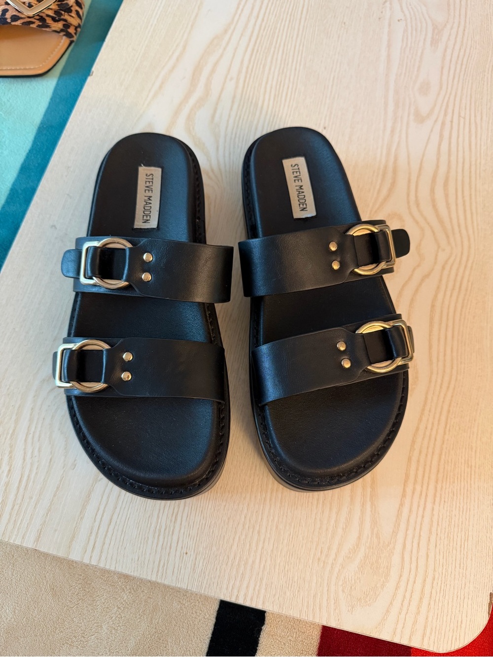 Steve Madden Platform Black Double-Strap Slide Sandals with Gold Buckles